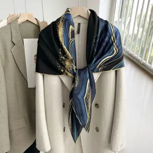Silk scarf for women, elegant blue and black printed large square shawl for autumn and winter.