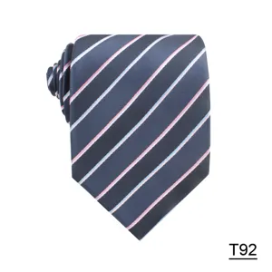 Close-up detail of a classic men's navy striped tie with pink and light blue diagonal lines.