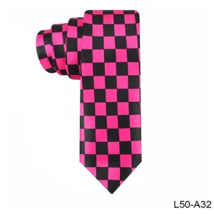 Men's fashion black and hot pink checkered narrow necktie, stylish geometric printed tie.