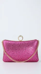 Sparkling rhinestone evening clutch bag with gold chain and ring clasp for party and wedding.