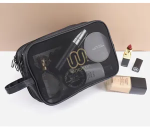 Schwarze Kosmetiktasche im Netz-Detail, tragbarer Make-up-Organizer mit Reißverschluss.