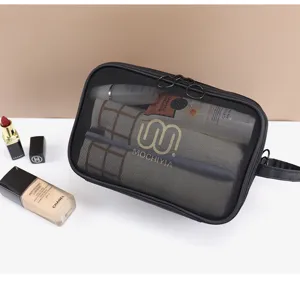Schwarze Kosmetiktasche aus Netzstoff mit Reissverschluss, tragbare Make-up-Tasche fur Reisen.