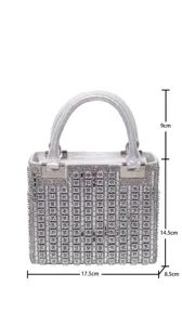 Silver rhinestone evening bag for women, sparkling crystal clutch purse with top handle.