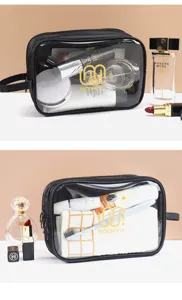 Transparente Kosmetiktasche Detail mit schwarzem Reißverschluss und praktischem Stauraum für Utensilien.