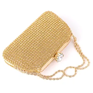 Gold rhinestone evening clutch bag with chain strap and crystal clasp for women wedding party