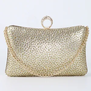 Elegant gold rhinestone evening clutch bag for women, luxury party prom handbag with chain.