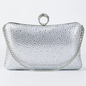 Silver rhinestone evening clutch bag with metal chain strap and ring clasp for women party.