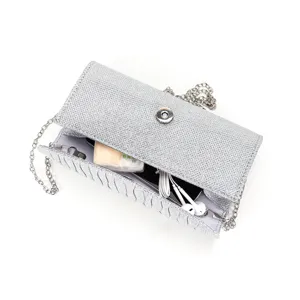 Silver glitter evening clutch bag with metal chain strap for women wedding party purses.