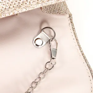 Interior detail of evening clutch bag, showing durable metal chain strap and secure clasp hardware.