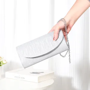 Silver sparkly evening clutch bag with chain strap for women wedding party dress formal events