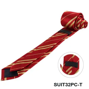 Red and gold striped zipper tie detail view, classic academy style accessory close up.
