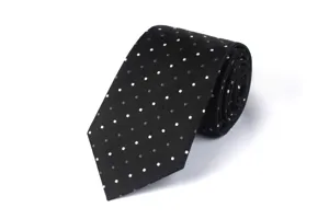 Detail view of a classic black mens necktie featuring an elegant woven polka dot pattern.