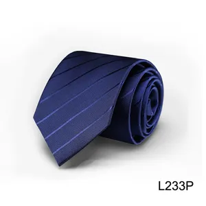 Men's navy blue striped business necktie, classic silk-feel formal tie for wedding suit.