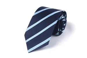 Classic dark blue necktie with light blue diagonal stripes, neatly rolled for business detail.