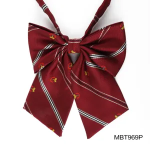 JK bowknot sailor uniform necktie, wine red polyester silk with stripes and embroidery.