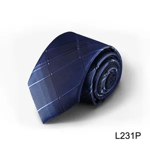 Close-up detail of a dark blue patterned business necktie, elegant texture and design.
