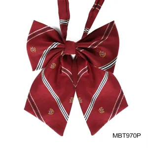 Red JK uniform bow tie with stripes and crown embroidery for school style daily wear.