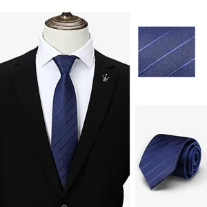 Classic navy blue striped men's necktie detail, professional business neckwear style.
