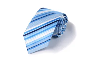 Nahaufnahme der blauen gestreiften Krawatte, klassisches gerolltes Design für Herren.