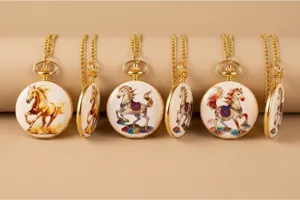 Vintage gold quartz pocket watch necklace with elegant painted horse design and long chain.