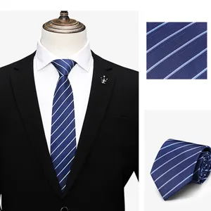 Men's business striped tie detail showing fabric texture and rolled display style for formal suits.