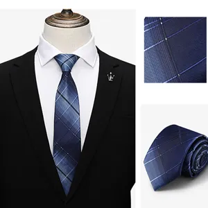 Detailed view of the blue plaid men necktie fabric texture and rolled display style.