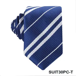 Blue and white striped necktie detail, classic pattern design with fine woven texture.