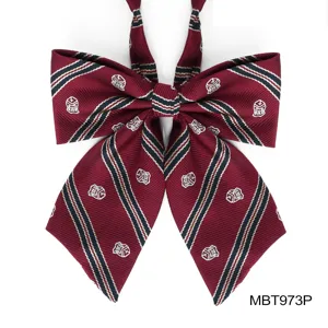 Classic dark red JK bow tie with navy stripes and crest embroidery for school uniform.