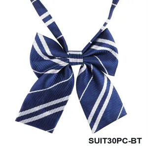 Detail shot of blue and white striped JK uniform bow tie, featuring clean stitching and zipper.