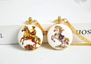 Exquisite golden horse pocket watch vintage quartz necklace watch with custom lucky gifts
