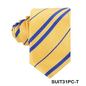 Close-up detail of the yellow and blue striped necktie showing fine fabric texture.