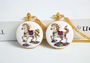 Gold horse pocket watch necklace quartz watch classic fashion retro gift with chain detail