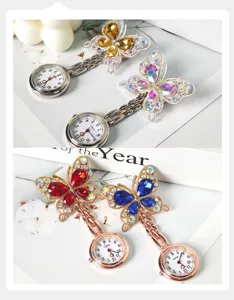 Crystal butterfly nurse fob watch with quartz movement and sparkling rhinestones for medical staff.