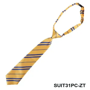 Detailed view of the yellow and blue striped children zipper tie showing texture and pattern.