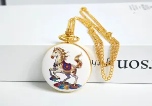 Exquisite gold quartz pocket watch with painted horse design and matching chain necklace.