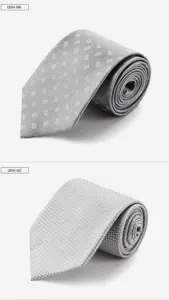 Close-up detail of grey silk men tie, exquisite woven texture, business formal style.