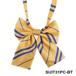 Yellow and blue striped JK uniform bowtie with zipper, cute student necktie accessory.
