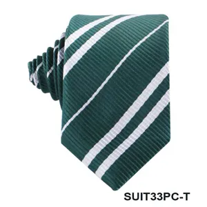 Green striped necktie detail, classic white diagonal stripe pattern close up view