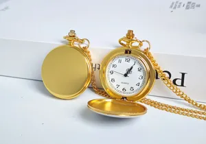 Gold tone quartz pocket watch with long chain vintage design fashion necklace gift timepiece