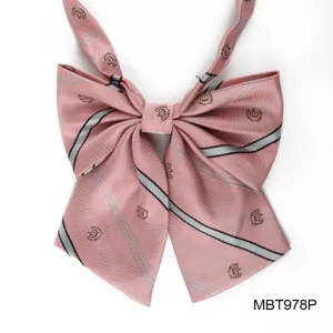 Pink JK uniform bow tie with stripes and crown pattern, cute college style sailor accessory.