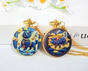 Golden Chinese style zodiac pocket watch necklace, vintage quartz watch with exquisite carved details.