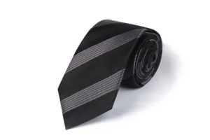 Detailed view of classic black and grey striped men necktie, elegant pattern close up texture.