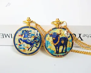 Vintage Chinese zodiac pocket watch necklace, golden quartz pocket watch pendant.