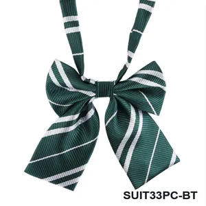 Green white striped JK bow tie kids student uniform necktie zipper collar accessory.