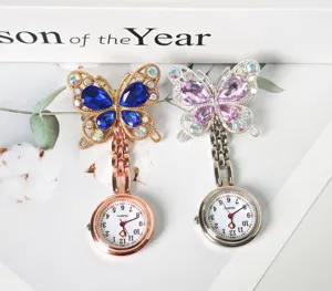 Crystal butterfly nurse watch, elegant rhinestone brooch pocket watch for medical staff.