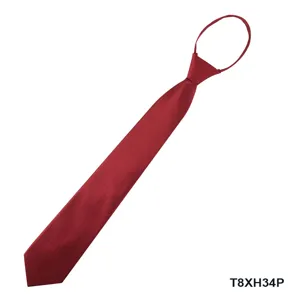Red zipper necktie for men, formal business striped necktie, convenient lazy tie detail.