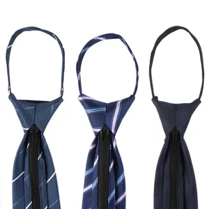 Men's polyester striped zipper tie detail, easy wear formal business necktie design.