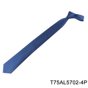 Detailed view of blue men's formal business jacquard faux silk necktie with geometric pattern.