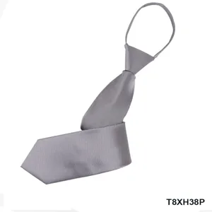 Men's grey zipper necktie formal business pre-tied tie polyester fabric detail view