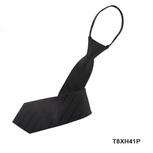 Detailed view of black striped polyester zipper tie, convenient lazy necktie design.